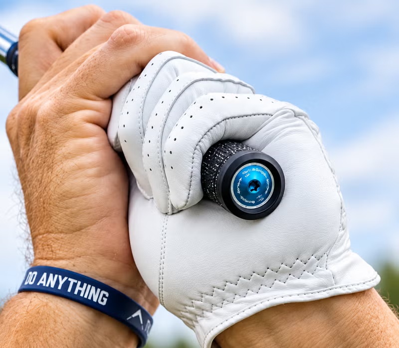 SwitchGrips grip end and adjustment area shown in a gloved hand