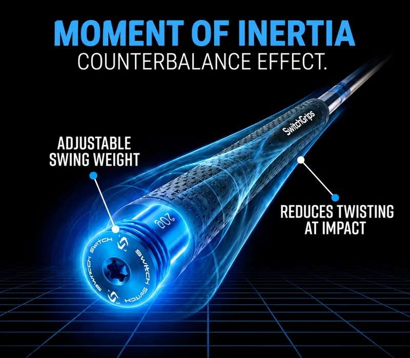 SwitchGrips graphic illustrating a moment of inertia and counterbalance concept